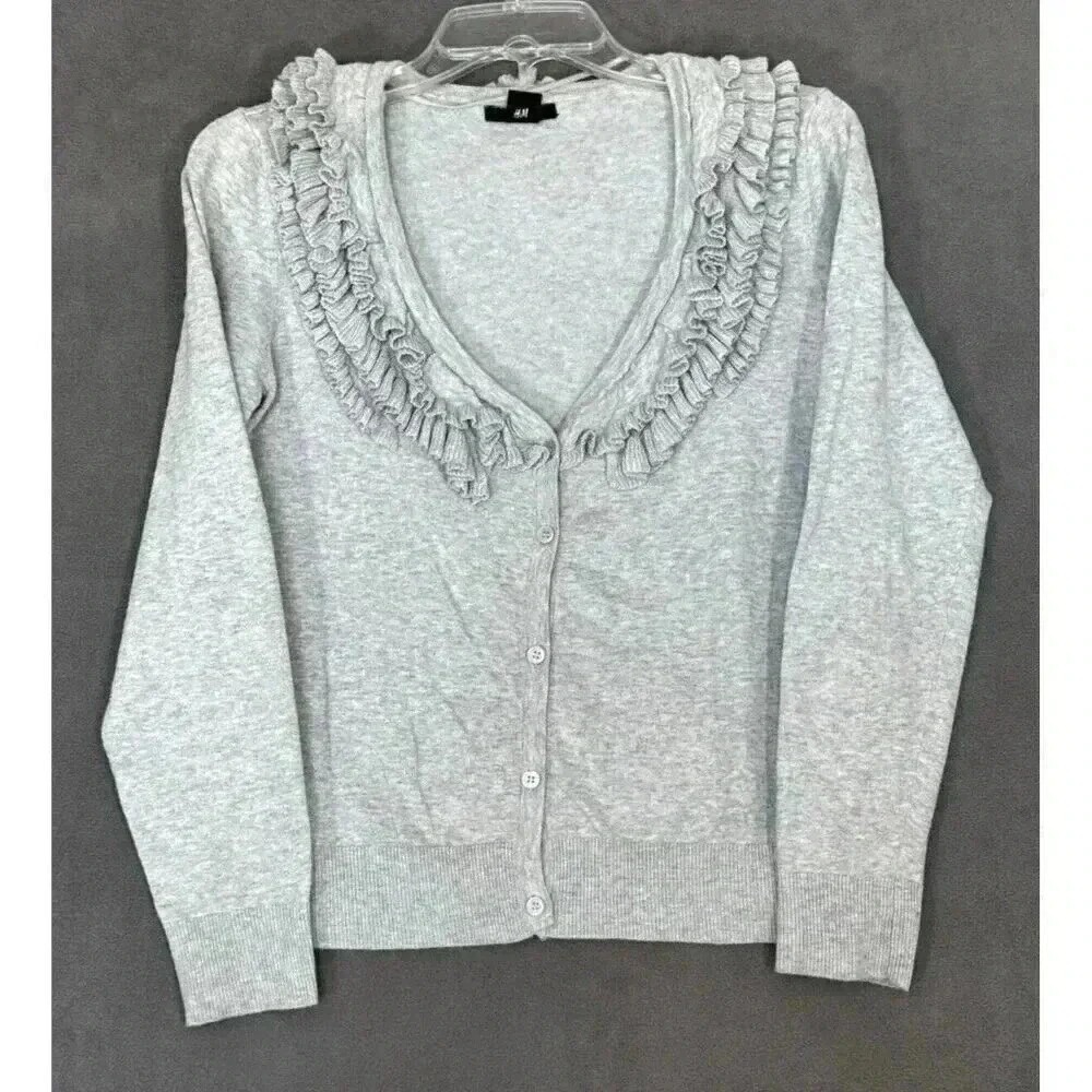 H&M Gray‎ Ruffle V-Neck Cardigan Sweater Womens Large Cotton Blend Long Sleeve